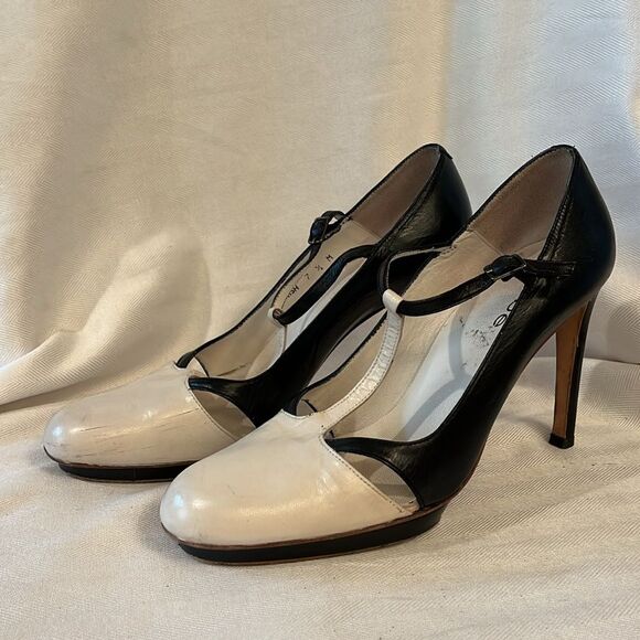 Retro Bebe Pin-Up T-strap Mary Jane black & cream pumps slight platform SZ 7.5 - Picture 12 of 12